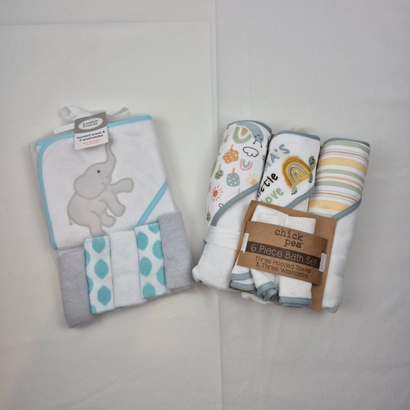 Baby Bath Towel & Washcloth Sets Lot of 2 Hooded Towels 12 Pcs Luvable Chick Pea - Picture 1 of 10